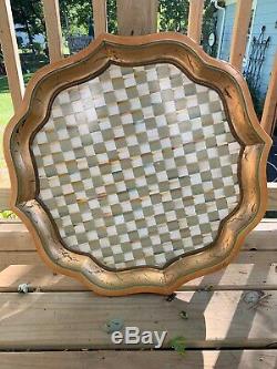 MACKENZIE CHILDS Parchment Check SERVING TRAY Platter Large Wood Round