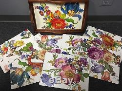 MACKENZIE CHILDS Set of 12 Bright Floral Placemats and Wood Frame Serving Tray