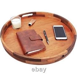 MAGIGO 20 Inches Large Round Cherry Wood Ottoman Tray with Handles Serve Tea