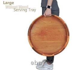 MAGIGO 20 Inches Large Round Cherry Wood Ottoman Tray with Handles Serve Tea