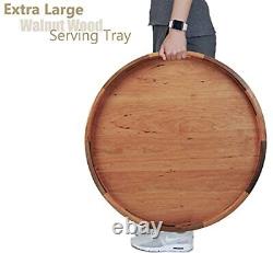 MAGIGO 24 Inches Large Round Cherry Wood Ottoman Tray with Handles Serve Tea