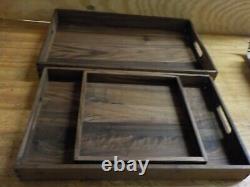 MAGIGO Set of 3 Large Solid Black Walnut Wood Ottoman Tray with Handles, Serve T