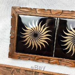 MCM Dal Tile Mexican Ceramic Wood Breakfast Tray Trivet Set Vtg Black Gold Decor