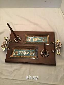 MCM Made in Israel Vintage Brass Wood Glass Cheese Fish Lox Bagel Tray Server