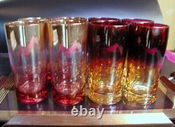 MCM Roses Ruby & Gold WOOD & GLASS SERVING TRAY WITH EIGHT 5 1/2 TUMBLERS