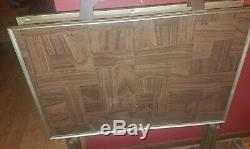 MID CEN MOD Set of 4 TV Trays withROLLING StandFAUX PARQUET Wood withGOLD Trim