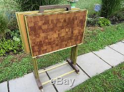 MID Century Modern Set 4 Tv Dinner Trays Folding Tables & Stand Faux Wood Grain