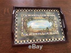Mackenzie Childs Cloud Watching Courtly Check Wood Handle Drink Serving tray