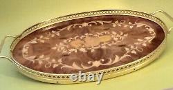 Marquetry Italian Inlaid Wood Serving Tray with Brass Trim with Handles-Italy