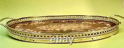 Marquetry Italian Inlaid Wood Serving Tray with Brass Trim with Handles-Italy