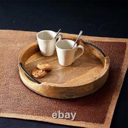 Medium Rustic Round Wooden Serving Tray 10x10x2 Inches Handcrafted Mango Wood