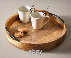 Medium Rustic Round Wooden Serving Tray 10x10x2 Inches Handcrafted Mango Wood