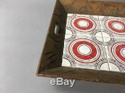Mid Century 1950s Art Tile Carved Wood Tiki Serving Tray Decor