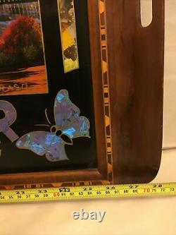 Mid Century Brazil Iridescent Butterfly Wing Inlay Wood Tray 2817 Rio