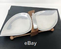 Mid Century Modern Danish Teak Wood Serving Tray 2 Silver Metal Bowls Vtg 50's