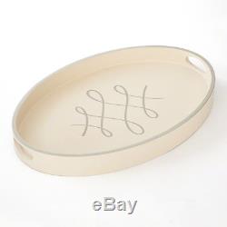 Mid Century Modern Ivory Wood Calligraphy Tray Script Oval Silver Serving Bar