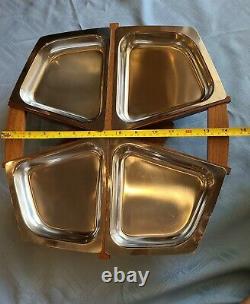 Mid Century Modern Wood and Stainless Steel Vegetable Rotating Serving Tray