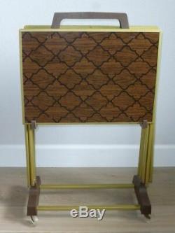 Mid Century Vintage Set Of 4 Standing TV Trays With Rolling Stand Faux Wood Look