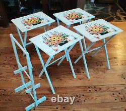 Mint Set of 4 Mid Century LaVada FOLDING Wood TV TRAY TABLE SET with Holder Floral