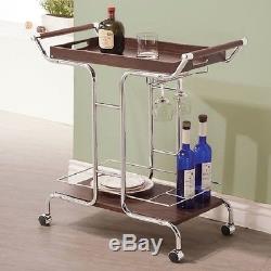 Modern Serving Bar Cart Removable Tray Metal Wood Glass Stemware Chrome Brown