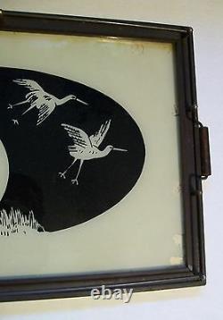 Moon Bird Crane Heron Serving Tray Wood Metal Glass Vintage