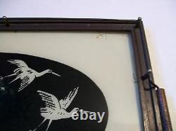 Moon Bird Crane Heron Serving Tray Wood Metal Glass Vintage