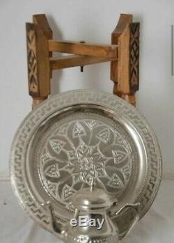 Moroccan arabesque carved engraved polished brass tray folding table serving