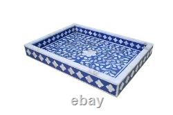 Mother Of Pearl Flower Design Serving Tray Blue