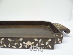 Mother of Pearl Inlay Heavy Wood Hardwood Serving Tray Floral Pattern Bar Drink