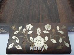 Mother of Pearl Inlay Heavy Wood Hardwood Serving Tray Floral Pattern Bar Drink