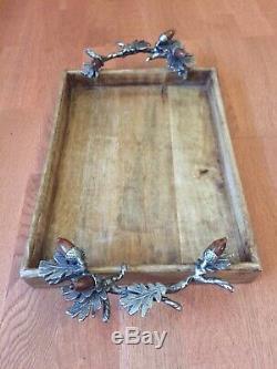 Mud Pie Acorn Oak Leaf Wooden Serving Tray Plate Handle Gallery 4891006 Rare