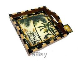 NEW Annie Modica Square Serving Tray Tropical Palm Tree Decoupage Wood NWT