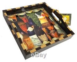 NEW Annie Modica Wine and Cheese Square Serving Tray Decoupage Wood 12 X 12