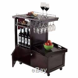 NEW Espresso Rolling Wine Wooden Glass Beverage Serving Cart Party Drink Tray