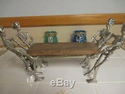 NEW- Halloween Silver Metal Walking Skeletons Holding Wooden Serving Tray Party