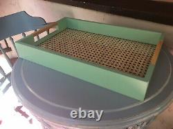 NEW Rare Mint Green Wood Rattan Glass Serving Tray Handles Breakfast in Bed