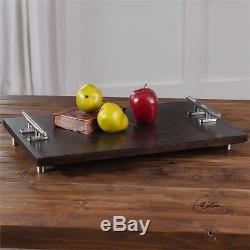 New Stained Veneer Wood Decorative Tray Brushed Silver Boat Style Metal Handles