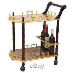 NEW Vintage Rolling Gold Marble Wood Tea Beverage Bar Serving Cart Drink Tray