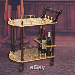 NEW Vintage Rolling Gold Marble Wood Tea Beverage Bar Serving Cart Drink Tray