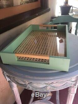 NEW Vintage Wood Glass Rattan Serving Tray Handles PISTACHIO Green Breakfast Bed