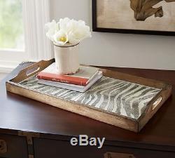 NIB Pottery Barn Zebra Glass & Wood handled rectangular tray serve