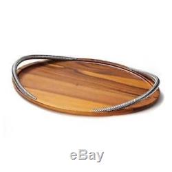 Nambe Braid Wood Serving Tray with Chrome Handles Brown/Silver