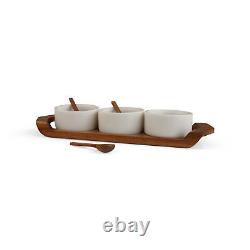 Nambe Chevron Acacia Wood Condiment Tray with 3 Marble Bowls and Wood Spoons