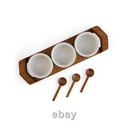 Nambe Chevron Acacia Wood Condiment Tray with 3 Marble Bowls and Wood Spoons