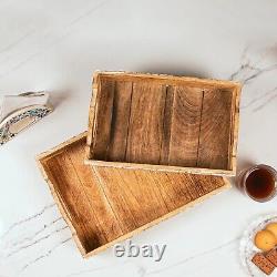 Natural Mango Wood Tea Tray Wooden Platter Serving Set Tray Hand Carved 40x25cm
