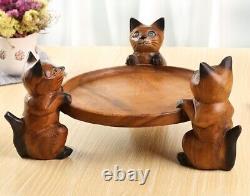 Natural Wood Cat Serving Tray Food Dishes Platter Plate Decor