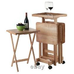 Natural Wood TV Tray Table Set with Stand Serving Portable Folding Furniture