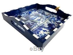 New ANNIE MODICA Imari Blue and White Square Serving Tray Wood Decoupage