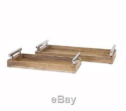 New Marnie Set of 2 Wood Rectangular Serving Trays with Stainless Stee Handle