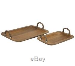 New Set of 2 Tabari Roasted Honey/Brown Wood Rectangular Durable Serving Trays